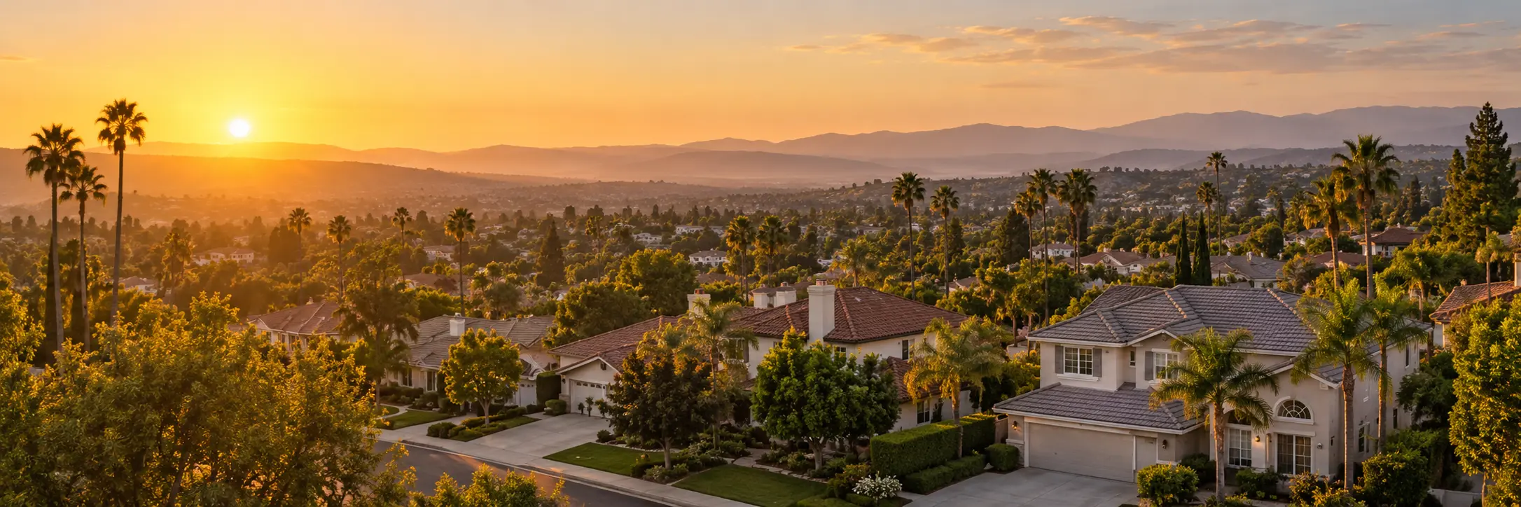California neighborhood with palm trees and distant foothills
